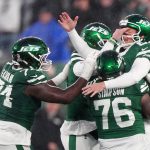 Nov 30, 2025; East Rutherford, New Jersey, USA; New York Jets place kicker Nick Folk (6) reacts after making the game winning field goal goal against the Atlanta Falcons during the second half at MetLife Stadium. Mandatory Credit: Robert Deutsch-Imagn Images