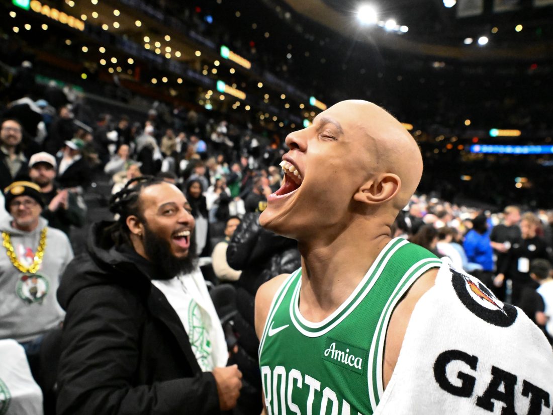 Dec 2, 2025; Boston, Massachusetts, USA; Boston Celtics guard Jordan Walsh (27) reacts while walking off of the court after a game against the New York Knicks at the TD Garden. Mandatory Credit: Brian Fluharty-Imagn Images