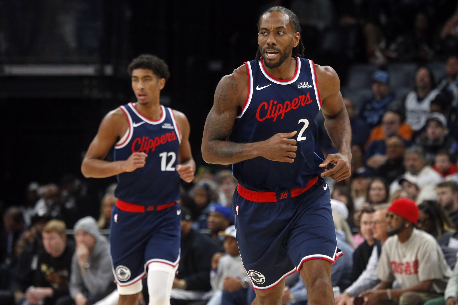 Dec 5, 2025; Memphis, Tennessee, USA; Los Angeles Clippers forward Kawhi Leonard (2) reacts during the second quarter against the Memphis Grizzlies at FedExForum.