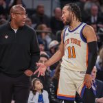 Dec 7, 2025; New York, New York, USA; New York Knicks head coach Mike Brown talks wth guard Jalen Brunson (11) in the fourth quarter against the Orlando Magic at Madison Square Garden. Mandatory Credit: Wendell Cruz-Imagn Images