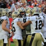 Dec 7, 2025; Tampa, Florida, USA; New Orleans Saints quarterback Tyler Shough (6) celebrates a touchdown with teammates during the fourth quarter against the Tampa Bay Buccaneers at Raymond James Stadium. Mandatory Credit: Kim Klement Neitzel-Imagn Images