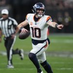 Dec 7, 2025; Paradise, Nevada, USA; Denver Broncos quarterback Bo Nix (10) scrambles against the Las Vegas Raiders during the second half at Allegiant Stadium. Mandatory Credit: Kirby Lee-Imagn Images