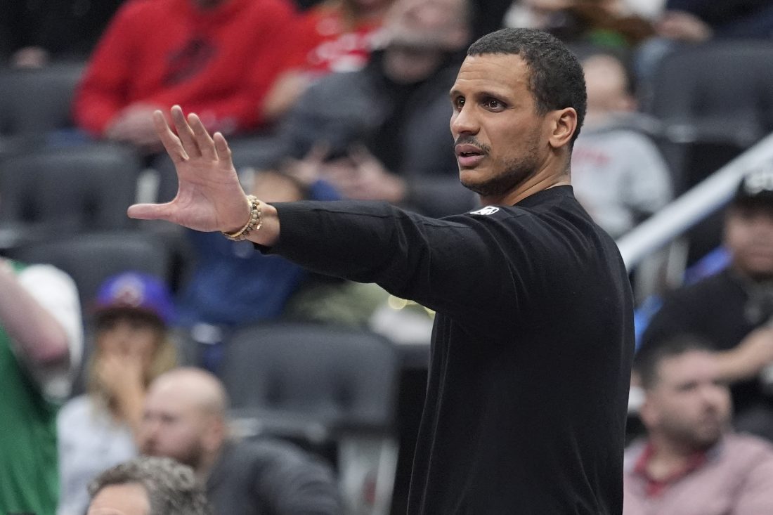Dec 7, 2025; Toronto, Ontario, CAN; Boston Celtics head coach Joe Mazzulla directs his team during the second half against the Toronto Raptors at Scotiabank Arena. Mandatory Credit: John E. Sokolowski-Imagn Images