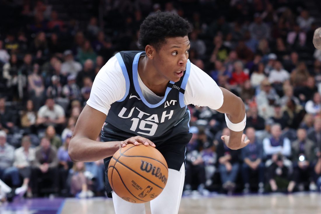 Dec 7, 2025; Salt Lake City, Utah, USA; Utah Jazz guard Ace Bailey (19) dribbles the ball against the Oklahoma City Thunder during the second half at Delta Center.
