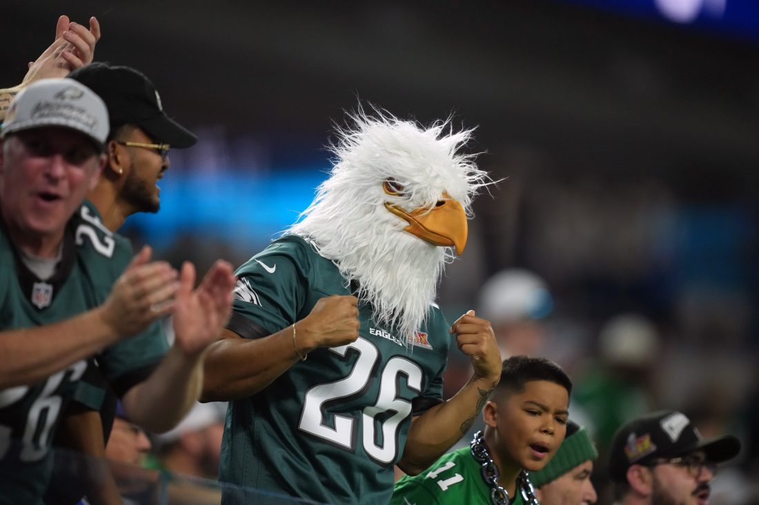 Dec 8, 2025; Inglewood, California, USA; Philadelphia Eagles fans cheer in the second half against the Los Angeles Chargers at SoFi Stadium.