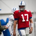 Indianapolis Colts quarterback Philip Rivers (17) talks with quarterbacks coach Cam Turner on Wednesday, Dec. 10, 2025, during practice at the Colts training facility in Indianapolis.