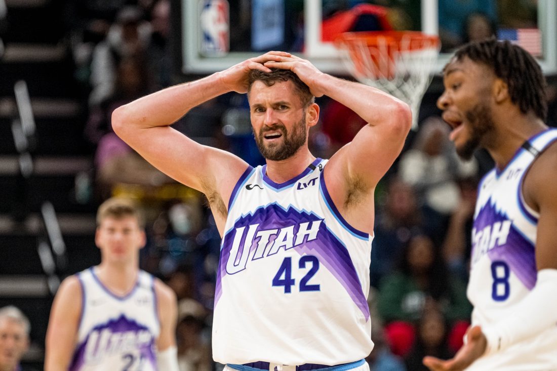 Dec 12, 2025; Memphis, Tennessee, USA; Utah Jazz forward Kevin Love (42) reacts after a foul call in the second half against the Memphis Grizzlies at FedExForum. Mandatory Credit: Matthew Smith-Imagn Images