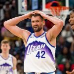 Dec 12, 2025; Memphis, Tennessee, USA; Utah Jazz forward Kevin Love (42) reacts after a foul call in the second half against the Memphis Grizzlies at FedExForum. Mandatory Credit: Matthew Smith-Imagn Images