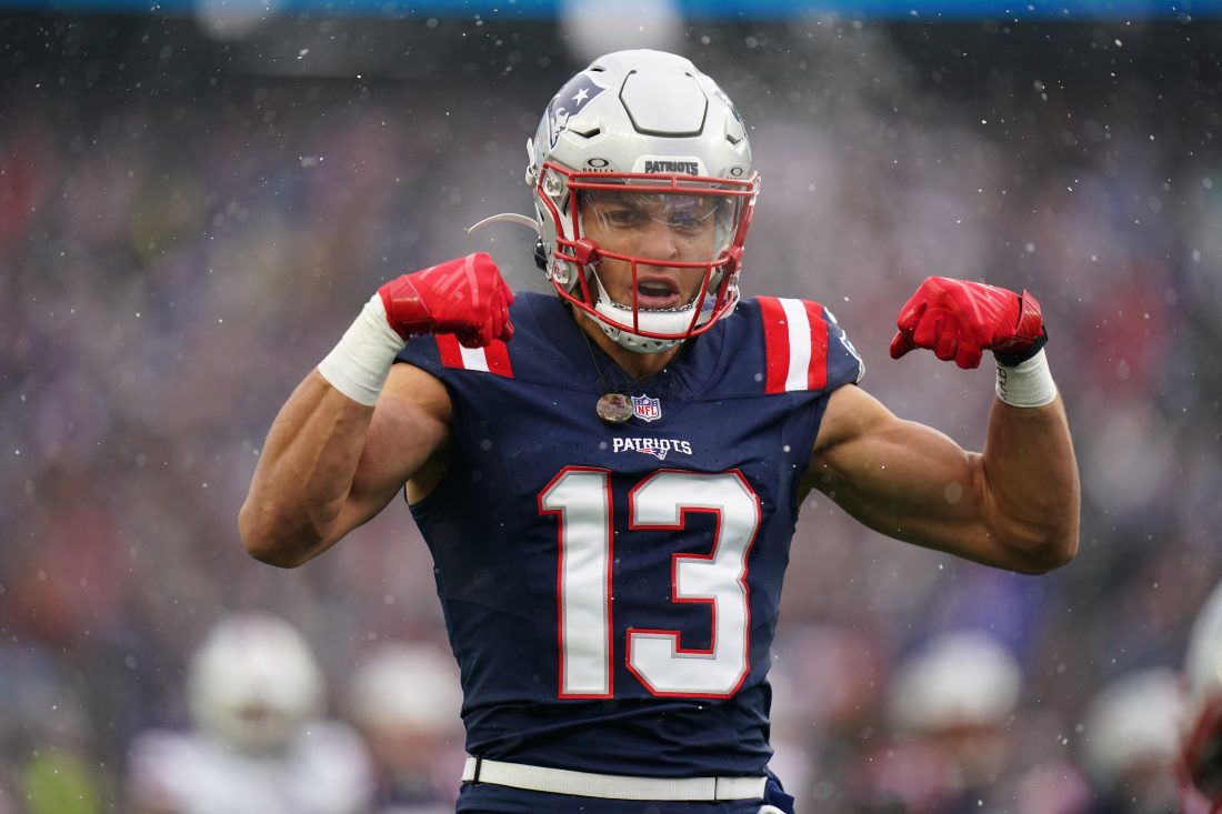 Dec 14, 2025; Foxborough, Massachusetts, USA; New England Patriots wide receiver Mack Hollins (13) reacts after a play against the Buffalo Bills in the first quarter at Gillette Stadium. Mandatory Credit: David Butler II-Imagn Images