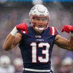 Dec 14, 2025; Foxborough, Massachusetts, USA; New England Patriots wide receiver Mack Hollins (13) reacts after a play against the Buffalo Bills in the first quarter at Gillette Stadium. Mandatory Credit: David Butler II-Imagn Images