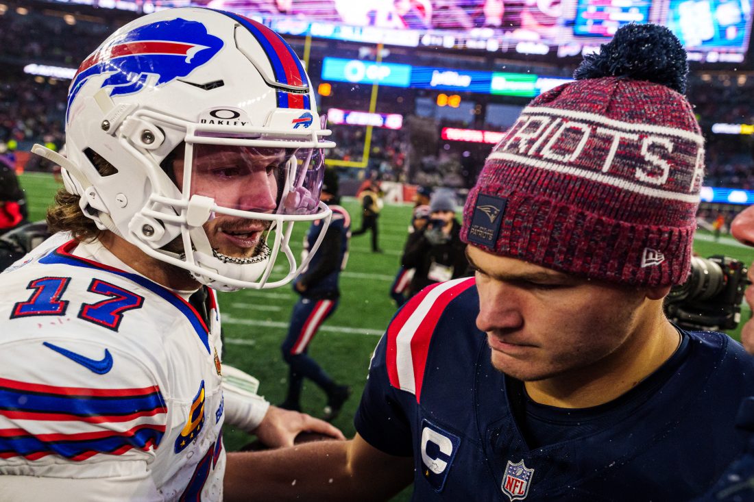 Dec 14, 2025; Foxborough, Massachusetts, USA; New England Patriots quarterback Drake Maye (10) meets Buffalo Bills quarterback Josh Allen (17) on the field after the game at Gillette Stadium. Mandatory Credit: David Butler II-Imagn Images