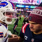 Dec 14, 2025; Foxborough, Massachusetts, USA; New England Patriots quarterback Drake Maye (10) meets Buffalo Bills quarterback Josh Allen (17) on the field after the game at Gillette Stadium. Mandatory Credit: David Butler II-Imagn Images