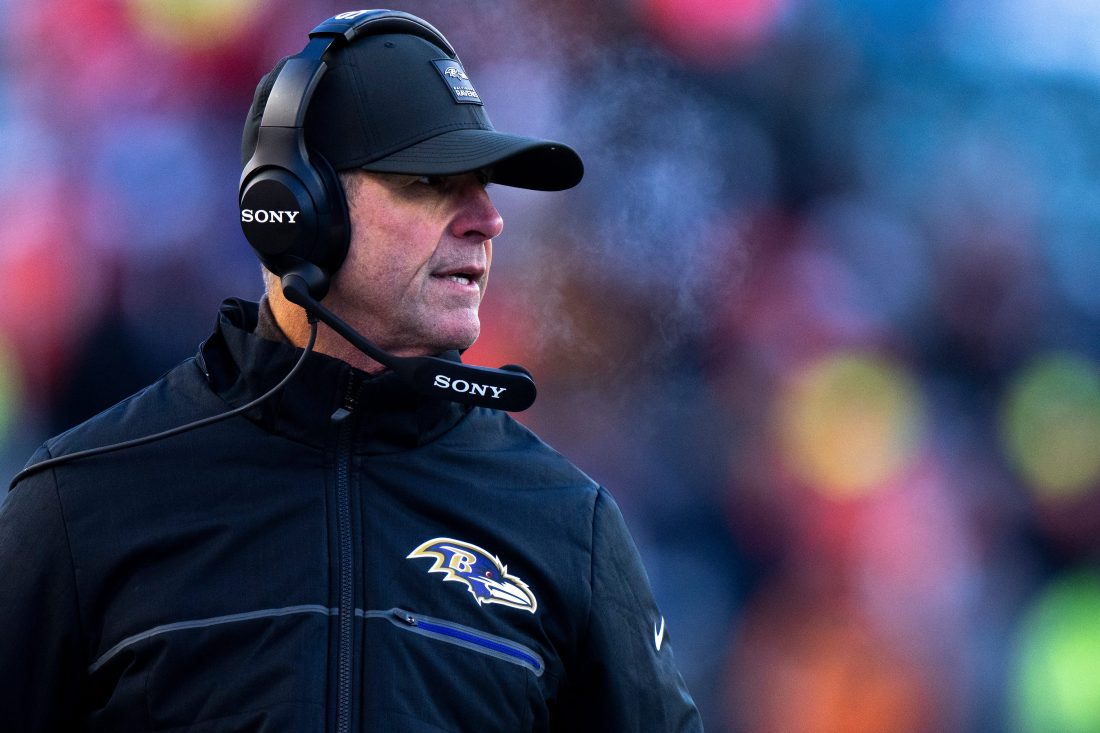 Baltimore Ravens head coach John Harbaugh walks the sideline in the fourth quarter of the NFL football game between Baltimore Ravens and Cincinnati Bengals at Paycor Stadium in Cincinnati on Dec. 14, 2025.