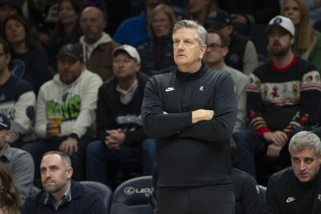 Dec 14, 2025; Minneapolis, Minnesota, USA; Minnesota Timberwolves head coach Chris Finch looks on against the Sacramento Kings in the second half at Target Center. Mandatory Credit: Jesse Johnson-Imagn Images