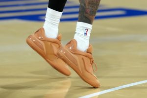 Dec 15, 2025; Las Vegas, NV, USA; The Converse SHAI 001 shoes worn by New York Knicks guard Jordan Clarkson (00) during practice prior to the Emirates NBA Cup championship at the T-Mobile Arena. Mandatory Credit: Kirby Lee-Imagn Images