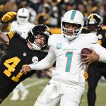 Dec 15, 2025; Pittsburgh, Pennsylvania, USA; Pittsburgh Steelers linebacker Payton Wilson (41) sacks Miami Dolphins quarterback Tua Tagovailoa (1) in the third quarter at Acrisure Stadium. Mandatory Credit: Barry Reeger-Imagn Images