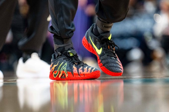 Dec 12, 2025; Memphis, Tennessee, USA; Memphis Grizzlies point guard Ja Morant (12) shoes during pre-game before the game against the Utah Jazz at FedExForum.