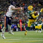 Green Bay Packers cornerback Keisean Nixon (25) intercepts a pass intended for Chicago Bears tight end Cole Kmet (85) in the end zone to seal a victory on Sunday, December 7, 2025, at Lambeau Field in Green Bay, Wis. The Packers won the game, 28-21. Tork Mason/USA TODAY NETWORK-Wisconsin