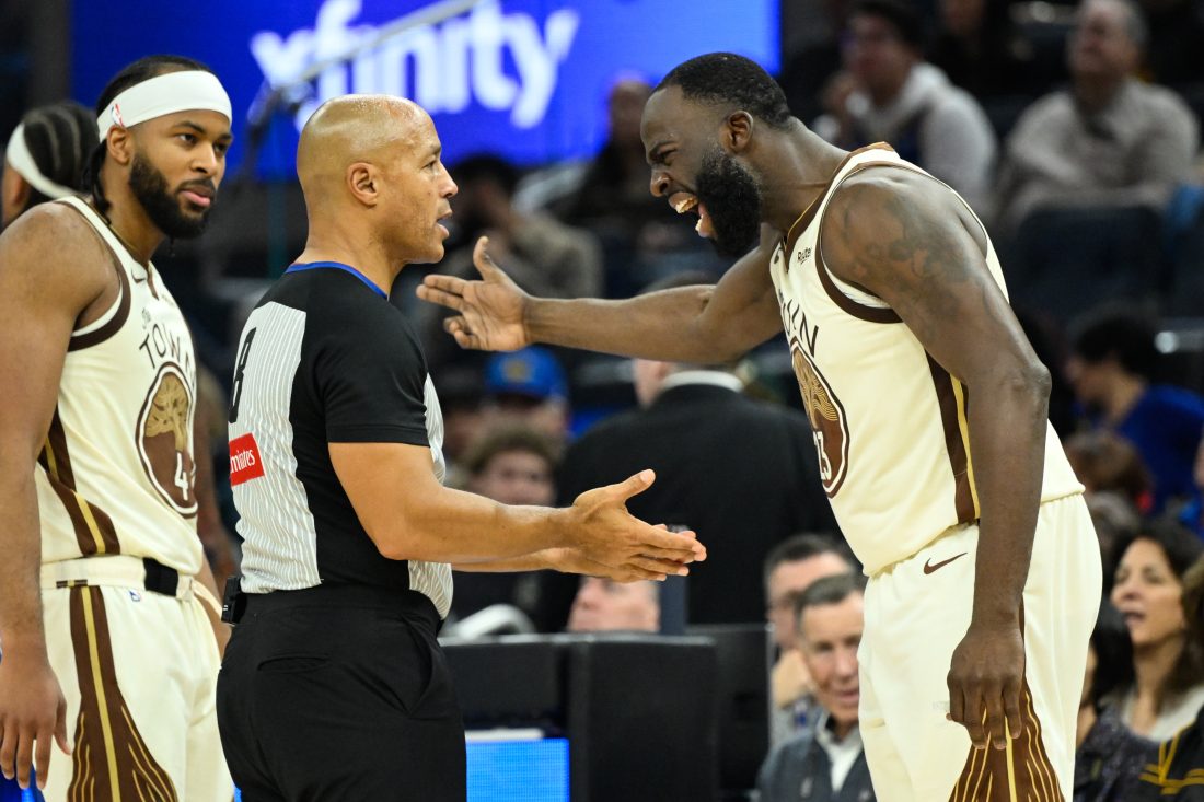 Dec 22, 2025; San Francisco, California, USA; Golden State Warriors forward Draymond Green (23) argues with an official against the Orlando Magic in the second quarter at Chase Center. Mandatory Credit: Eakin Howard-Imagn Images