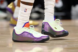Dec 23, 2025; Phoenix, Arizona, USA; Detailed view of the Nike shoes worn by Los Angeles Lakers forward LeBron James (23) against the Phoenix Suns at Mortgage Matchup Center. Mandatory Credit: Mark J. Rebilas-Imagn Images