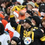 Dec 28, 2025; Cleveland, Ohio, USA; Pittsburgh Steelers fans cheer in the fourth quarter against the Cleveland Browns at Huntington Bank Field. Mandatory Credit: Scott Galvin-Imagn Images