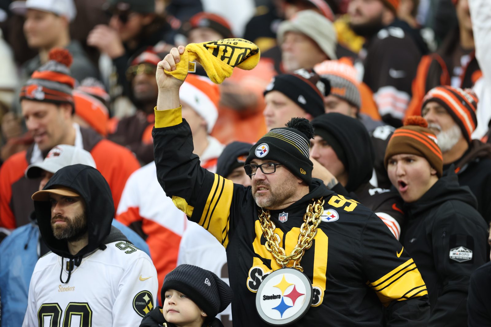 Dec 28, 2025; Cleveland, Ohio, USA; Pittsburgh Steelers fans cheer in the fourth quarter against the Cleveland Browns at Huntington Bank Field. Mandatory Credit: Scott Galvin-Imagn Images