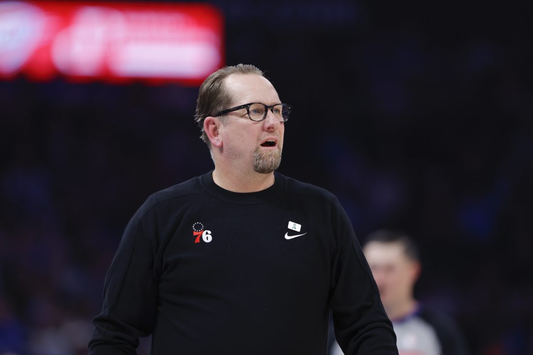 Dec 28, 2025; Oklahoma City, Oklahoma, USA; Philadelphia 76ers head coach Nick Nurse watches his team play against the Oklahoma City Thunder during the second half at Paycom Center. Mandatory Credit: Alonzo Adams-Imagn Images