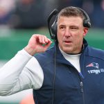 Dec 28, 2025; East Rutherford, New Jersey, USA; New England Patriots head coach Mike Vrabel looks on during the first half against the New York Jets at MetLife Stadium.