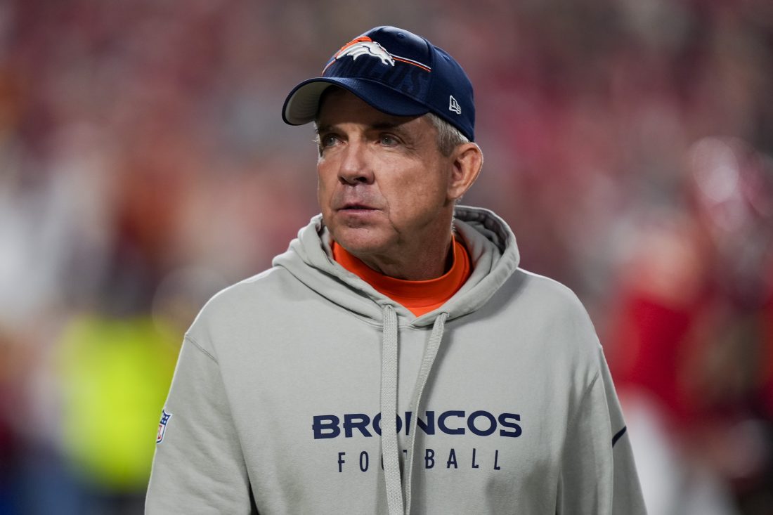 Dec 25, 2025; Kansas City, Missouri, USA; Denver Broncos head coach Sean Payton takes the field prior to a game against the Kansas City Chiefs at GEHA Field at Arrowhead Stadium. Mandatory Credit: Jay Biggerstaff-Imagn Images