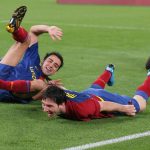 May 27, 2009; Rome, ITALY; Xavi (left) and Lionel Messi (right) celebrate the Barcelona victory over Manchester United in the 2009 Champions League final. Barcelona defeated Manchester 2-0 at Olympico Stadium.