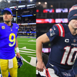 New England Patriots quarterback Drake Maye (10) runs off the field after the game against the Miami Dolphins at Gillette Stadium. Los Angeles Rams quarterback Matthew Stafford (9) leaves the field following a game against the Arizona Cardinals at SoFi Stadium.