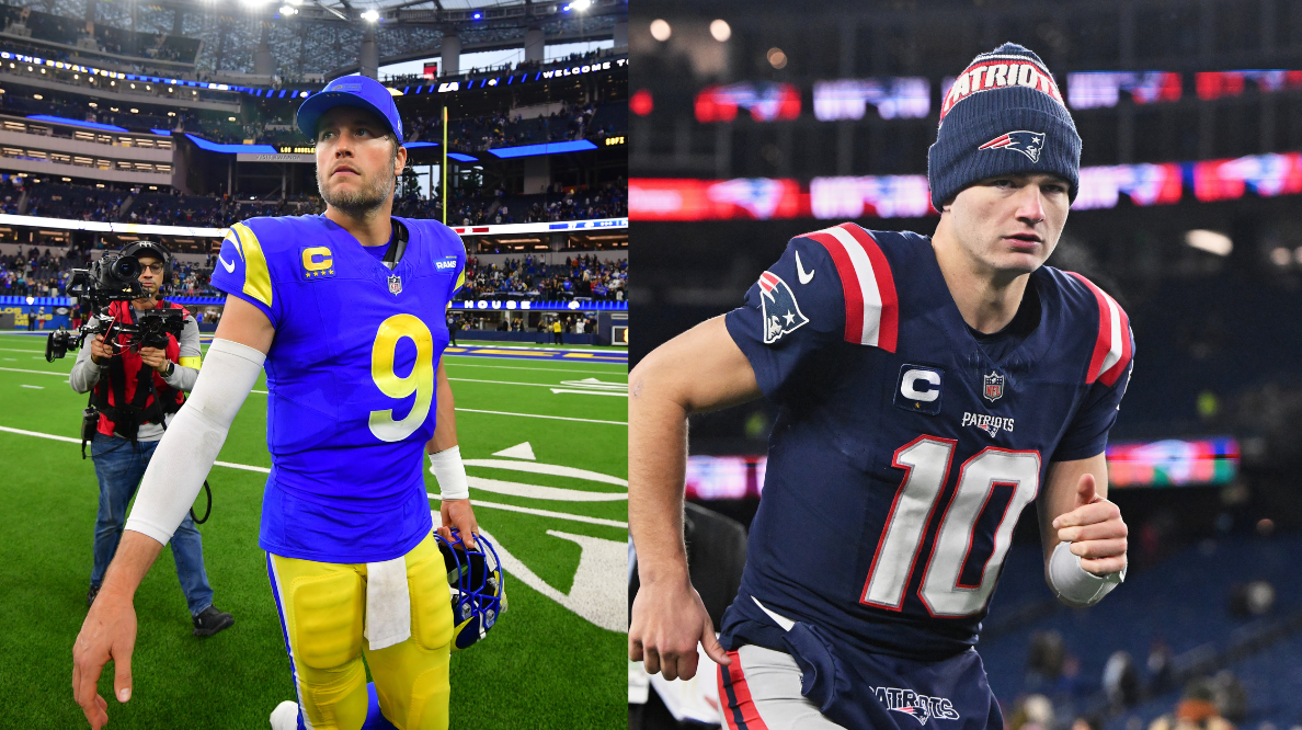 New England Patriots quarterback Drake Maye (10) runs off the field after the game against the Miami Dolphins at Gillette Stadium. Los Angeles Rams quarterback Matthew Stafford (9) leaves the field following a game against the Arizona Cardinals at SoFi Stadium.
