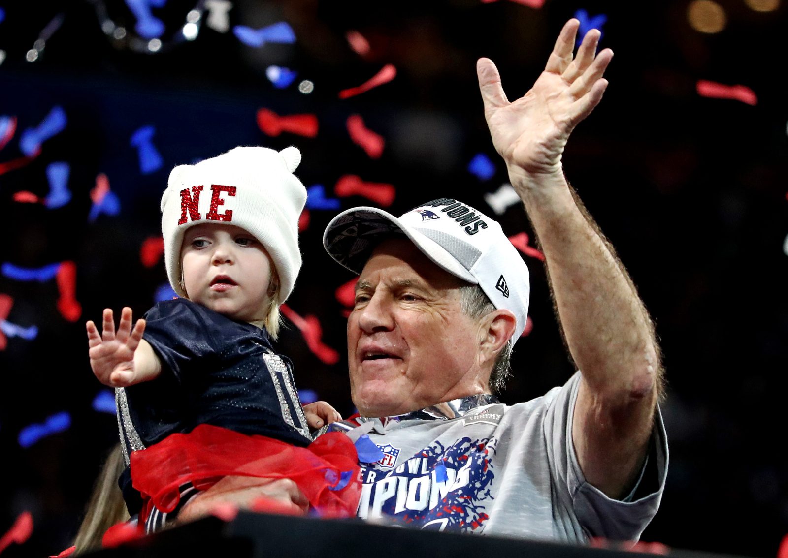 Feb 3, 2019; Atlanta, GA, USA; New England Patriots head coach Bill Belichick celebrates with granddaughter Blakely after beating the Los Angeles Rams in Super Bowl LIII at Mercedes-Benz Stadium. Mandatory Credit: Matthew Emmons-USA TODAY Sports