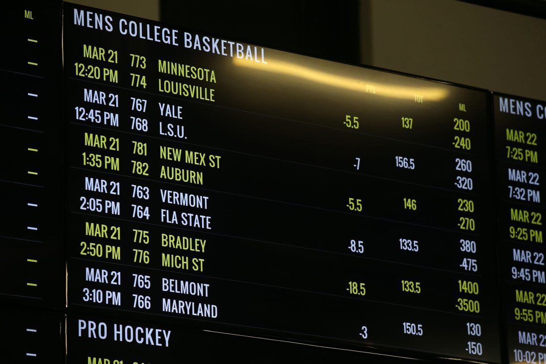 Detail of the betting and odds board during the NCAA menâ€™s college basketball tournament, at Monmouth Park's William Hill Sports Book in Oceanport, NJ Thursday March 21, 2019. Hill12 Detail of the betting and odds board during the NCAA menaTMs college basketball tournament, at Monmouth Park's William Hill Sports Book in Oceanport, NJ Thursday March 21, 2019.