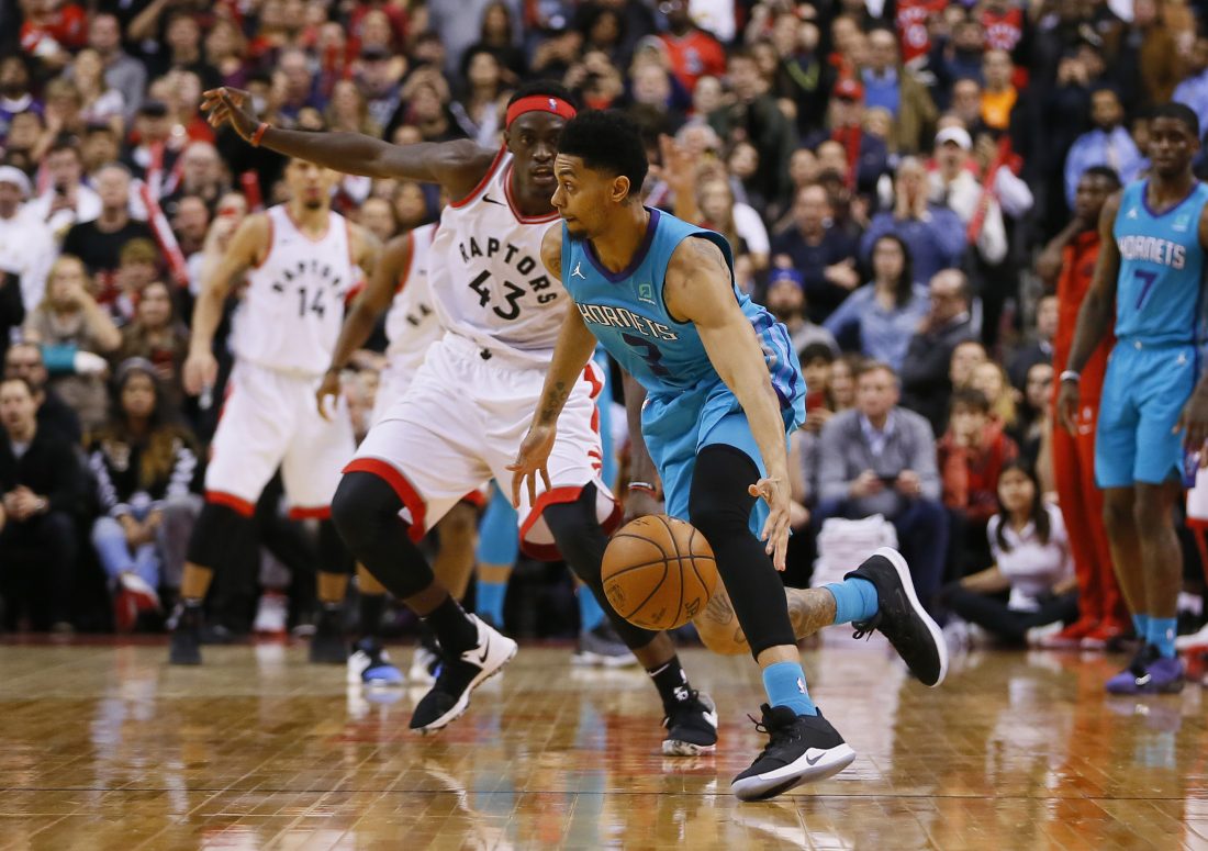 Mar 24, 2019; Toronto, Ontario, CAN; Charlotte Hornets guard Jeremy Lamb (3) controls the ball before shooting the game winning three point shot at the buzzer against the Toronto Raptors at Scotiabank Arena. Mandatory Credit: John E. Sokolowski-USA TODAY Sports