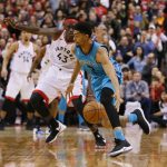Mar 24, 2019; Toronto, Ontario, CAN; Charlotte Hornets guard Jeremy Lamb (3) controls the ball before shooting the game winning three point shot at the buzzer against the Toronto Raptors at Scotiabank Arena. Mandatory Credit: John E. Sokolowski-USA TODAY Sports