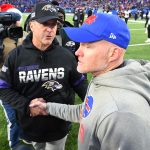 Dec 8, 2019; Orchard Park, NY, USA; Baltimore Ravens head coach John Harbaugh and Buffalo Bills head coach Sean McDermott shake hands following the game at New Era Field. Mandatory Credit: Rich Barnes-USA TODAY Sports