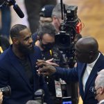Feb 20, 2022; Cleveland, Ohio, USA; Lebron James and Michael Jordan on court during halftime during the 2022 NBA All-Star Game at Rocket Mortgage FieldHouse. Mandatory Credit: David Richard-USA TODAY Sports