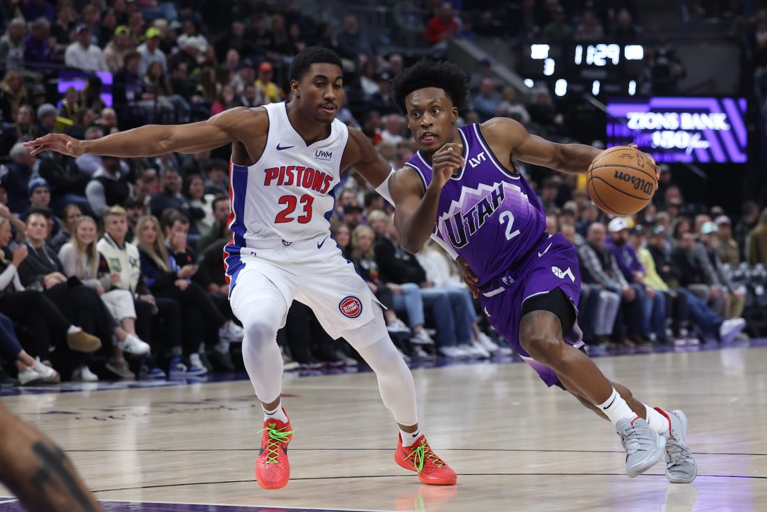 Jan 3, 2024; Salt Lake City, Utah, USA; Utah Jazz guard Collin Sexton (2) drives to the basket against Detroit Pistons guard Jaden Ivey (23) during the first quarter at Delta Center. Mandatory Credit: Rob Gray-USA TODAY Sports