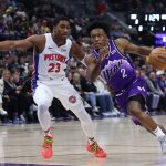 Jan 3, 2024; Salt Lake City, Utah, USA; Utah Jazz guard Collin Sexton (2) drives to the basket against Detroit Pistons guard Jaden Ivey (23) during the first quarter at Delta Center. Mandatory Credit: Rob Gray-USA TODAY Sports