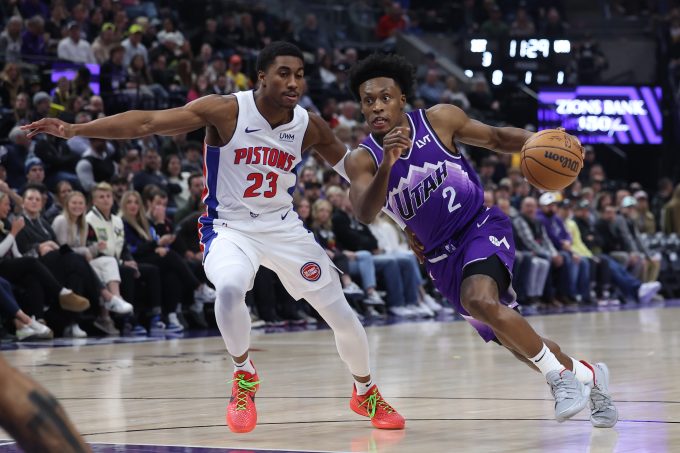 Jan 3, 2024; Salt Lake City, Utah, USA; Utah Jazz guard Collin Sexton (2) drives to the basket against Detroit Pistons guard Jaden Ivey (23) during the first quarter at Delta Center. Mandatory Credit: Rob Gray-USA TODAY Sports