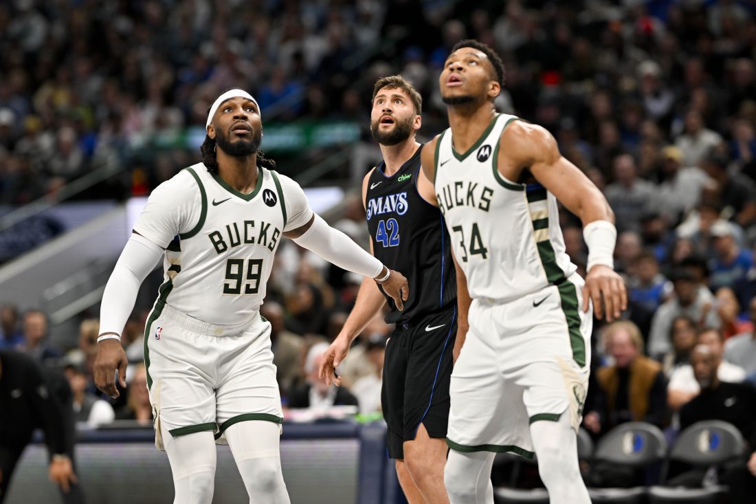 Feb 3, 2024; Dallas, Texas, USA; Milwaukee Bucks forward Giannis Antetokounmpo (34) and forward Jae Crowder (99) and Dallas Mavericks forward Maxi Kleber (42) during the game between the Dallas Mavericks and the Milwaukee Bucks at the American Airlines Center. Mandatory Credit: Jerome Miron-USA TODAY Sports