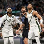 Feb 3, 2024; Dallas, Texas, USA; Milwaukee Bucks forward Giannis Antetokounmpo (34) and forward Jae Crowder (99) and Dallas Mavericks forward Maxi Kleber (42) during the game between the Dallas Mavericks and the Milwaukee Bucks at the American Airlines Center. Mandatory Credit: Jerome Miron-USA TODAY Sports