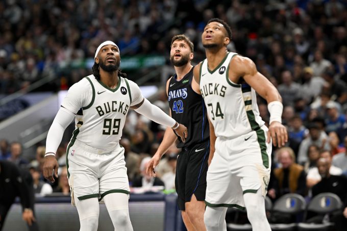 Feb 3, 2024; Dallas, Texas, USA; Milwaukee Bucks forward Giannis Antetokounmpo (34) and forward Jae Crowder (99) and Dallas Mavericks forward Maxi Kleber (42) during the game between the Dallas Mavericks and the Milwaukee Bucks at the American Airlines Center. Mandatory Credit: Jerome Miron-USA TODAY Sports