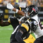Aug 9, 2024; Pittsburgh, Pennsylvania, USA; Houston Texans wide receiver Johnny Johnson III (88) runs following a catch as Pittsburgh Steelers linebacker Easton Gibbs defends during the fourth quarter at Acrisure Stadium. Mandatory Credit: Barry Reeger-USA TODAY Sports