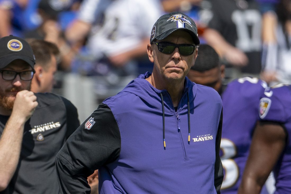 Sep 15, 2024; Baltimore, Maryland, USA; Baltimore Ravens coordinator Todd Monken on the field before the game against the Las Vegas Raiders at M&T Bank Stadium.