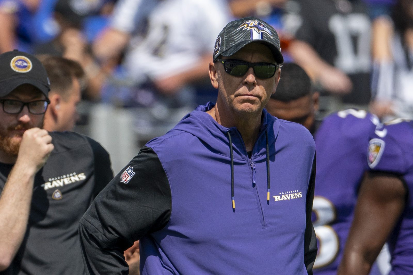 Sep 15, 2024; Baltimore, Maryland, USA; Baltimore Ravens coordinator Todd Monken on the field before the game against the Las Vegas Raiders at M&T Bank Stadium.