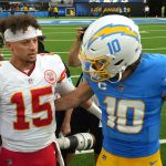 Sep 29, 2024; Inglewood, California, USA; Kansas City Chiefs quarterback Patrick Mahomes (15) and Los Angeles Chargers quarterback Justin Herbert (10) shake hands after the game at SoFi Stadium. Mandatory Credit: Kirby Lee-Imagn Images