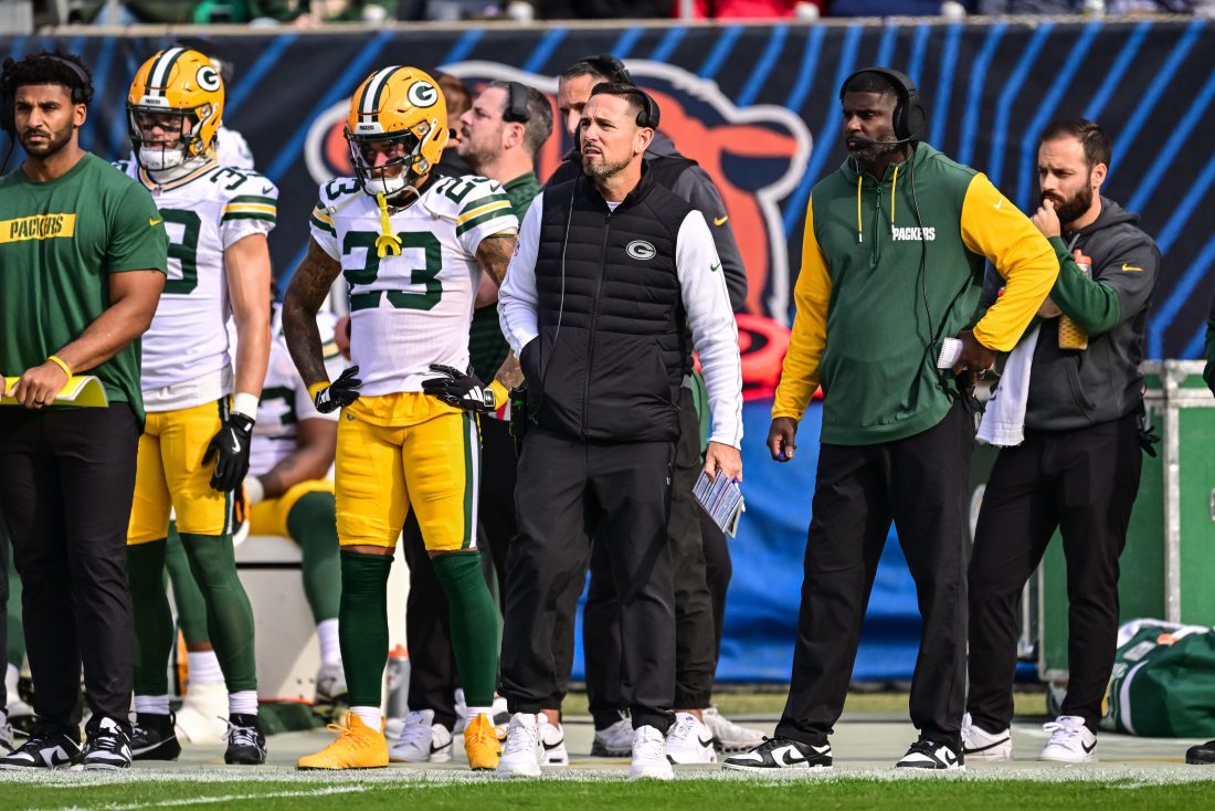 Nov 17, 2024; Chicago, Illinois, USA; Green Bay Packers head coach Matt LaFleur looks on against the Chicago Bears during the second quarter at Soldier Field. Mandatory Credit: Daniel Bartel-Imagn Images