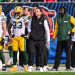 Nov 17, 2024; Chicago, Illinois, USA; Green Bay Packers head coach Matt LaFleur looks on against the Chicago Bears during the second quarter at Soldier Field. Mandatory Credit: Daniel Bartel-Imagn Images